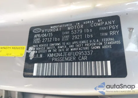 2015 Hyundai Genesis 3.8 from USA, damaged, VIN KMHGN4JE4FU095337